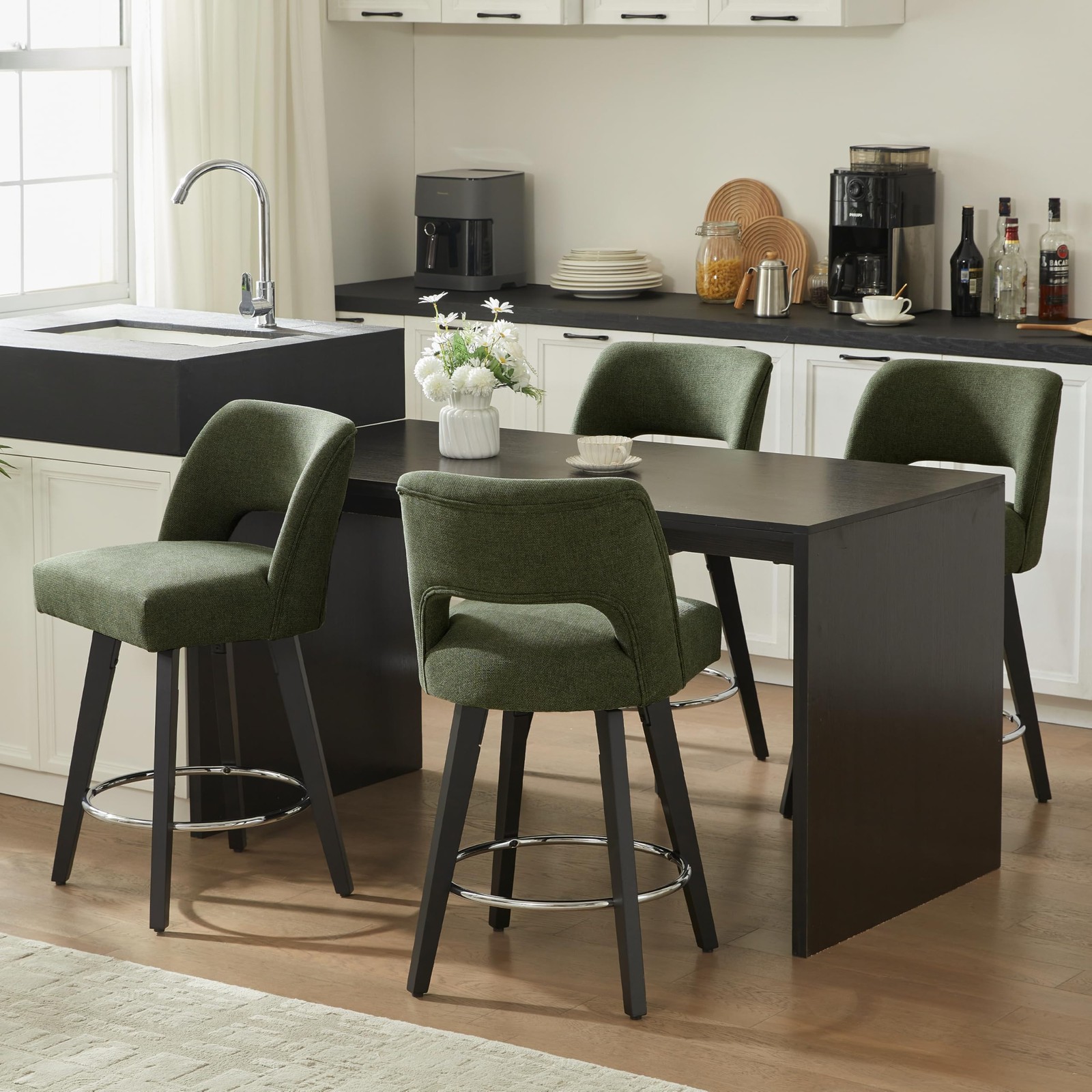 Green Modern Bar Stools Set of 2 with Supportive Back for Kitchen Island