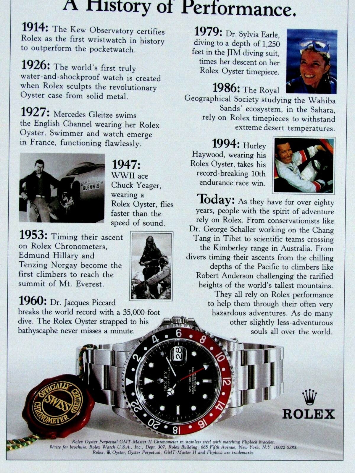 1996 Rolex Chuck Yeagar Hurley Haywood Vintage Original Print Ad 8.5 x 11"