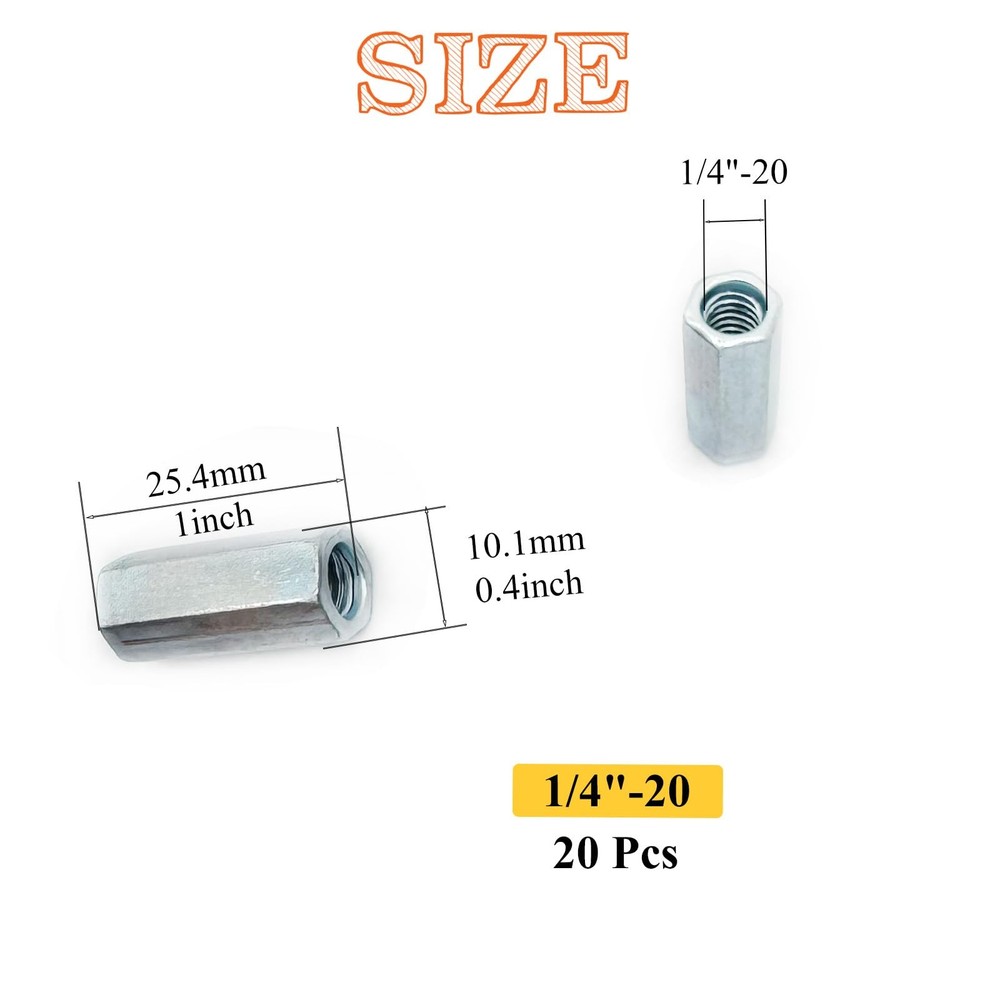 20Pcs 1/4"-20 Hex Coupling Nut, Threaded Rods Coupling Nuts Zinc Plating Exte...