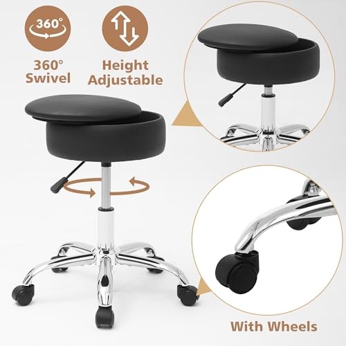 Adjustable Vanity Stool with Storage Rolling Vanity Chair Black With Wheels