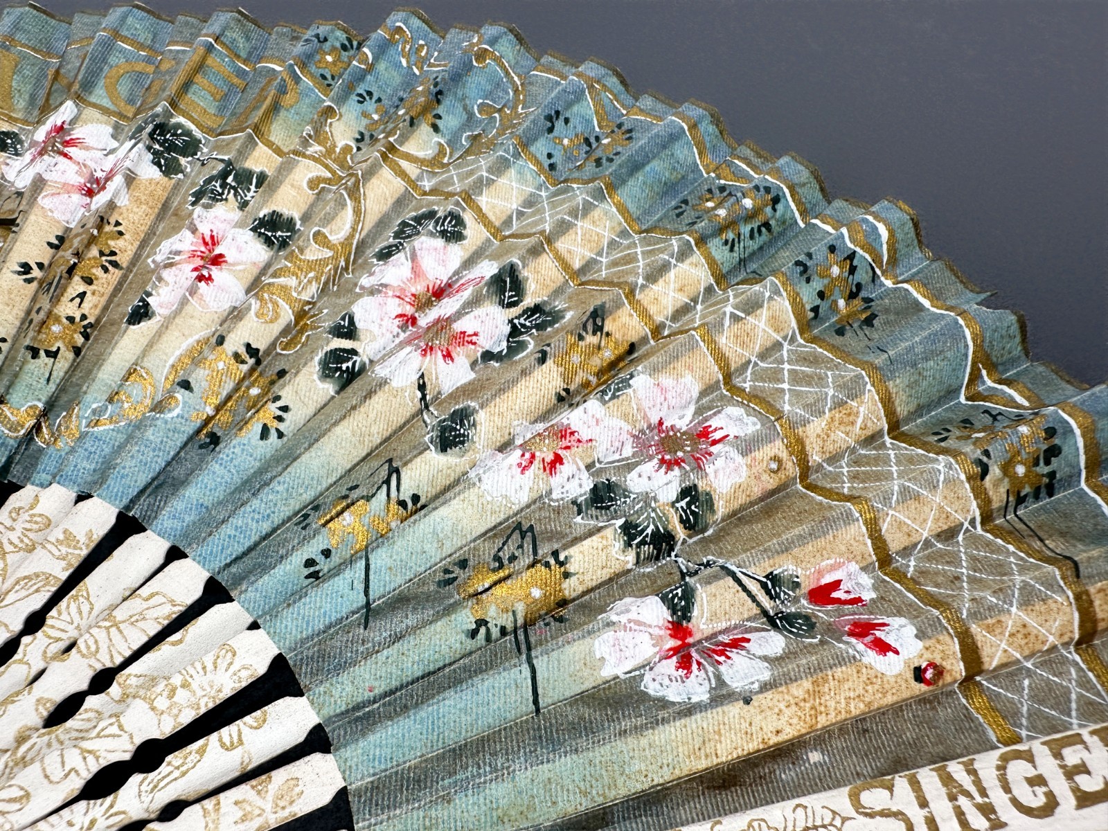 Singer Sewing Advertising Fan Antique Hand Painted Washi Japan 1921-1930