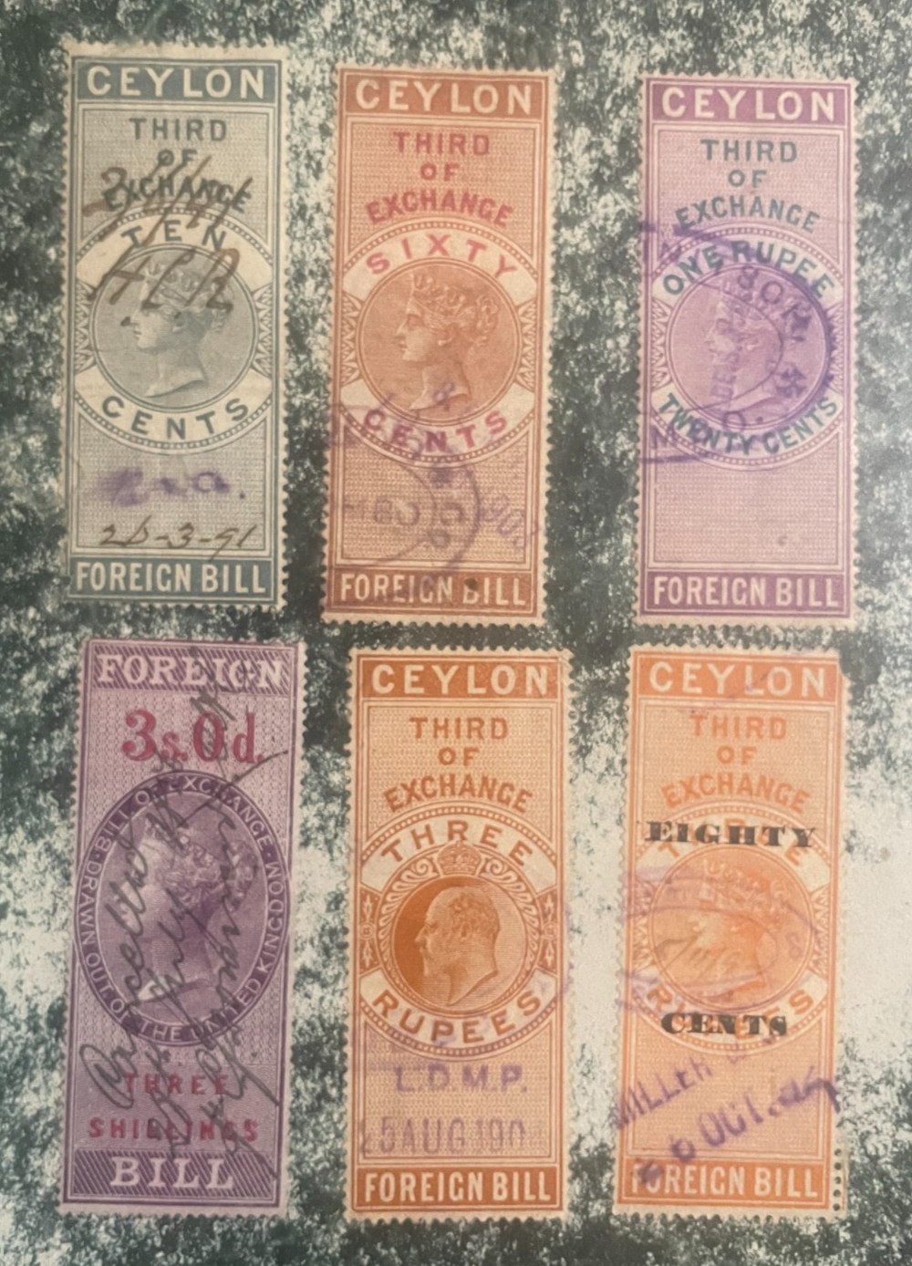 CEYLON FOREIGN BILL REVENUE - THIRD OF EXCHANGE  6 different stamps, free ship