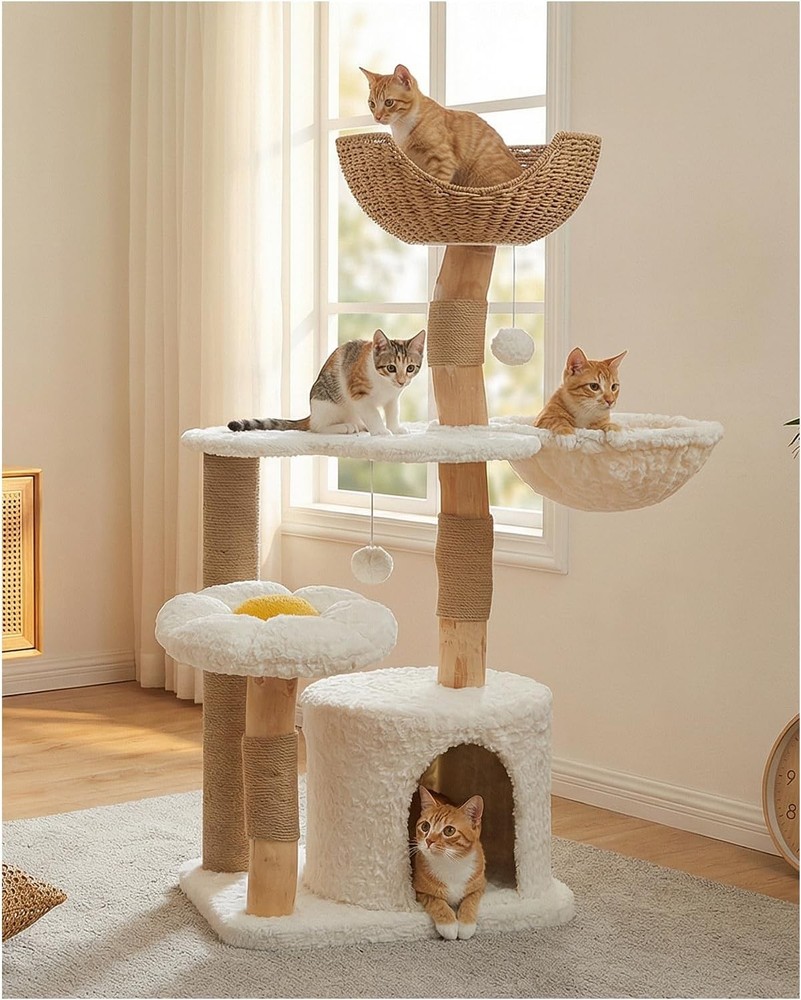 48.5'' Modern Cat Tree for Large, Cozy Hammock, Scratching Post, White