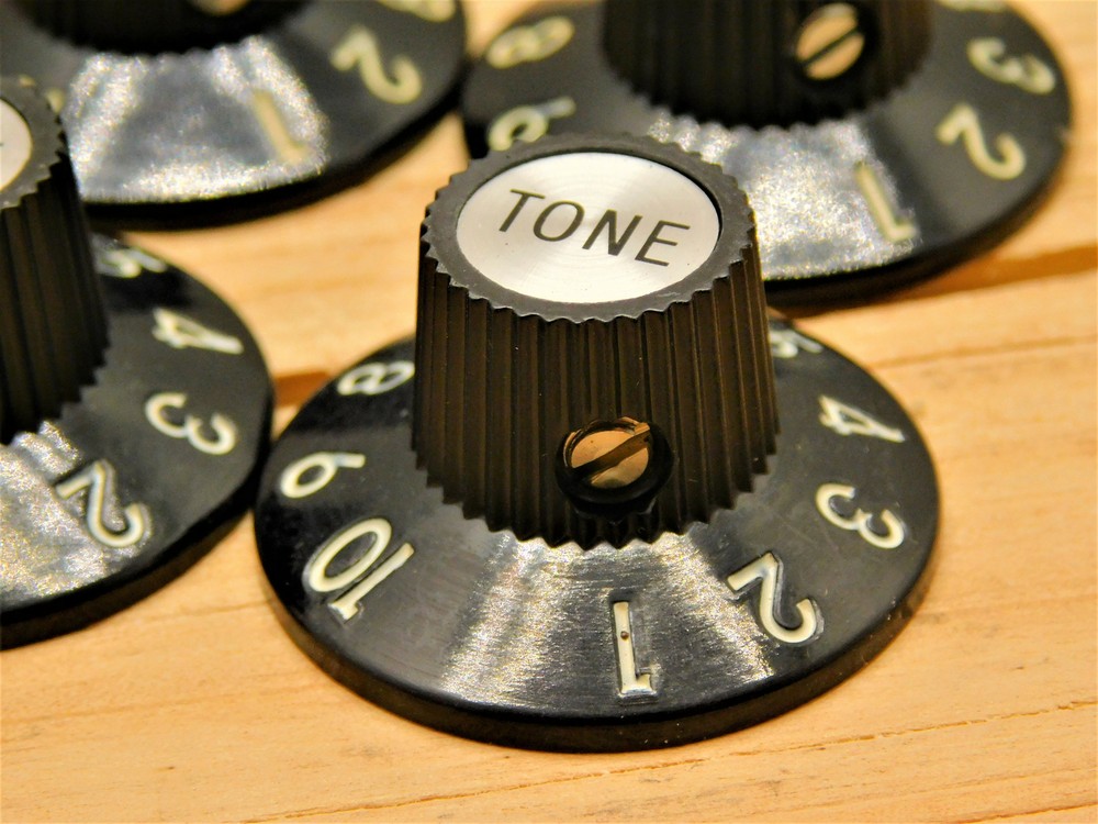 (4) BAKELITE 1-10 Volume/Tone Witch Hat Knobs for '72 Tele 1/4" Solid Shaft Pots