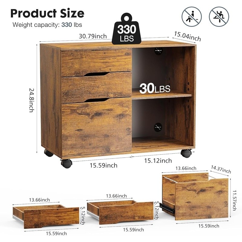 Versatile Office Cabinet W/ Open Shelves & 3 Drawers Rolling Storage Solution US