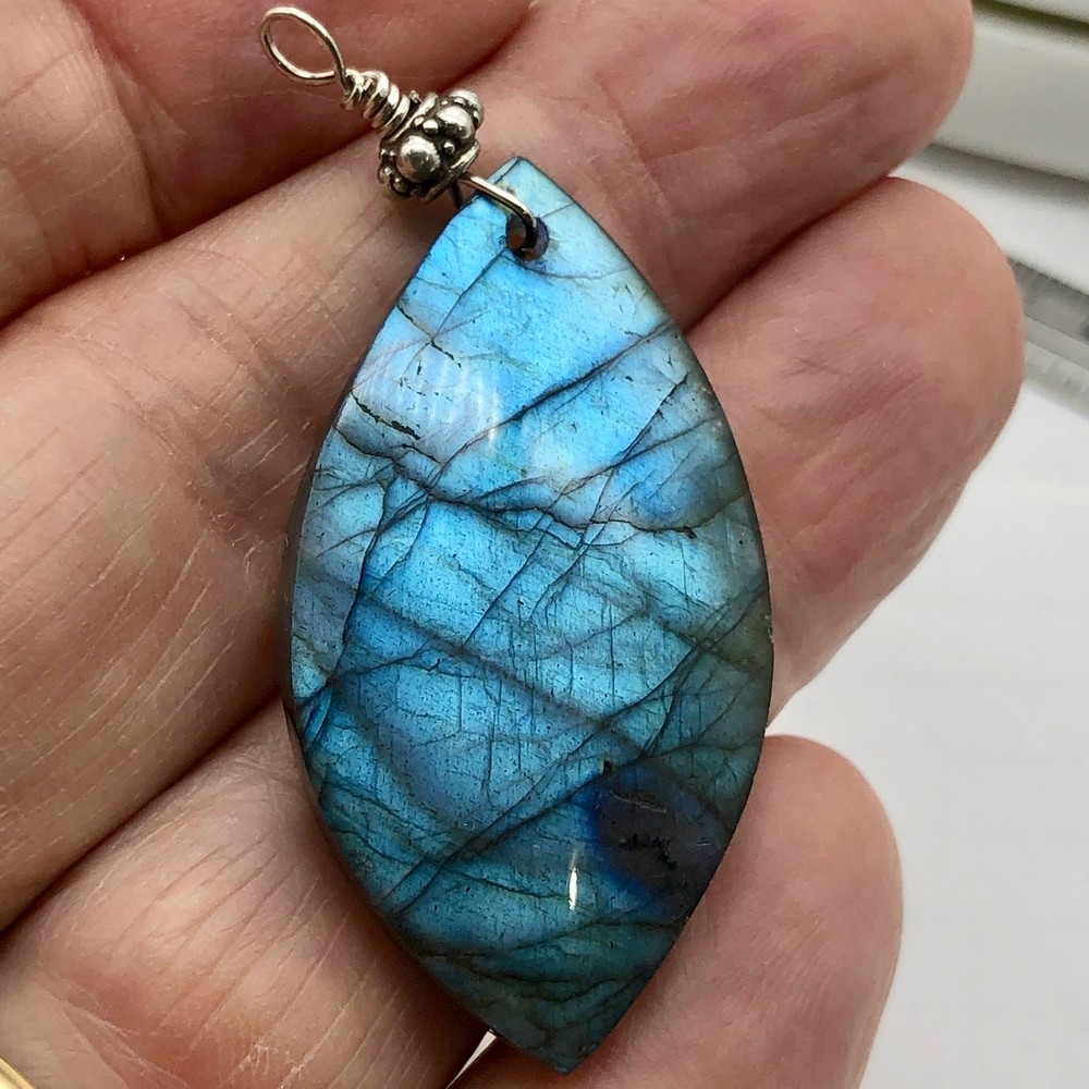 Labradorite Sterling Silver Drop Pendant | 2 1/4" Long | Blue |