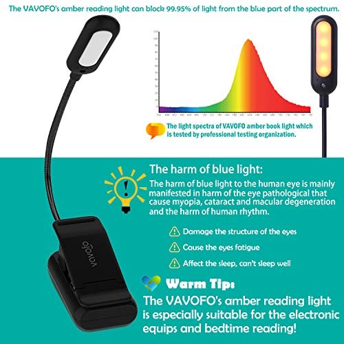 Amber Rechargeable Reading Light, Blue Light Blocking Book Light, 1-Pack Black