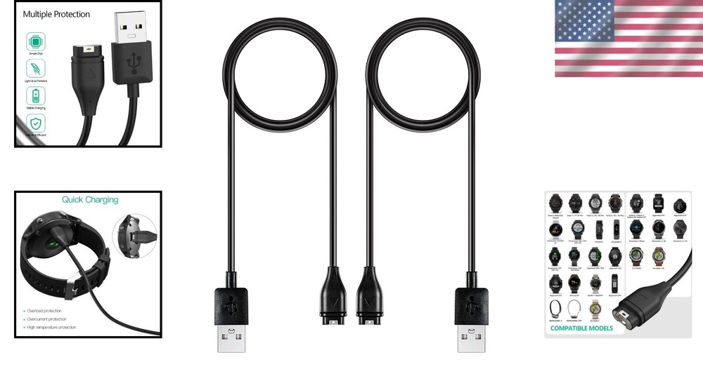Durable 2-Pack USB Type A Garmin Watch Charging Cable - Universal Compatibility