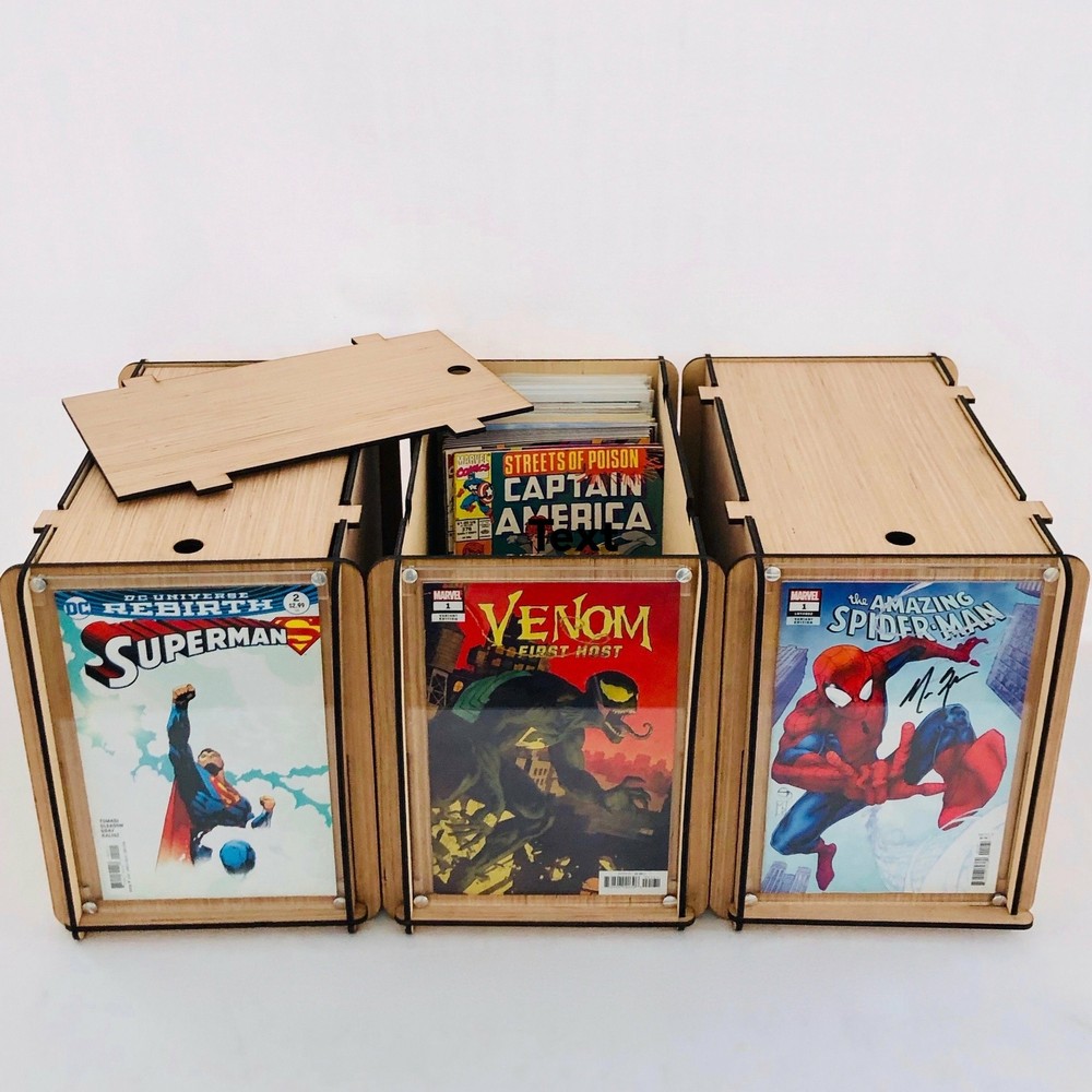 Three Comic Book Storage Boxes With Acrylic Display Frames