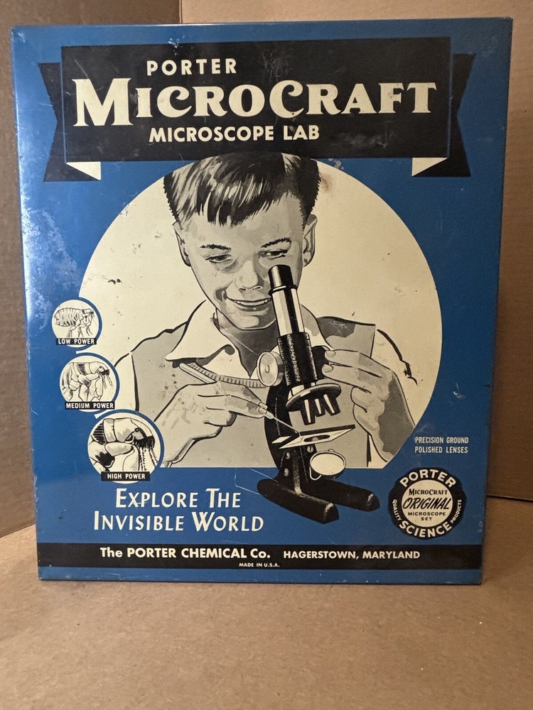 Porter Microcraft Microscope Lab in Original Tin Box / with Scope & Some Parts