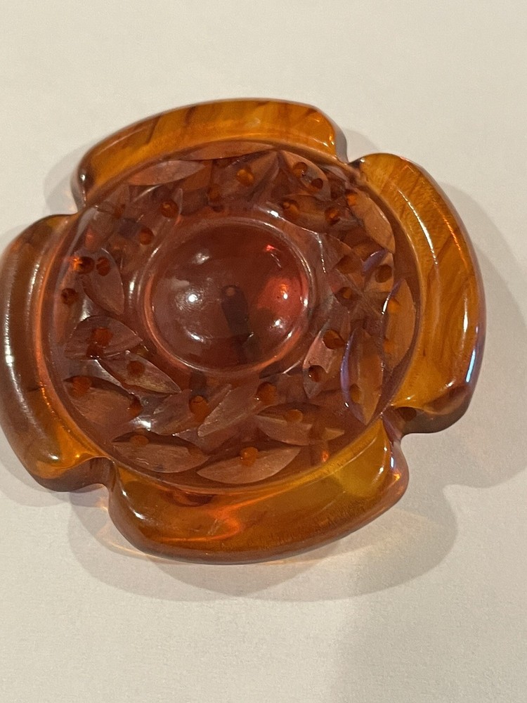 Vintage Tested Root Beer Bakelite Carved Flower Button 2”