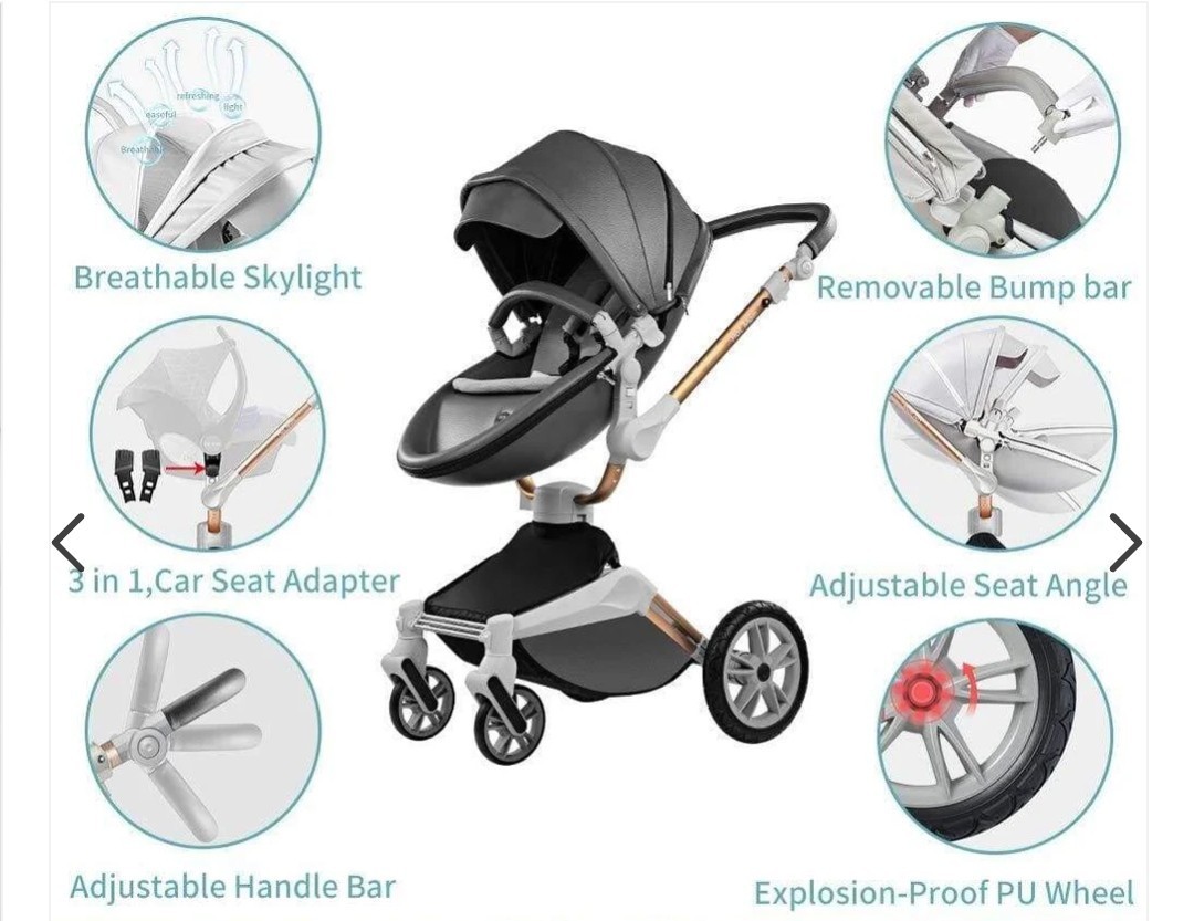 Hot Mom 2-in-1 Baby Stroller Grey with 360° rotation PU leather New
