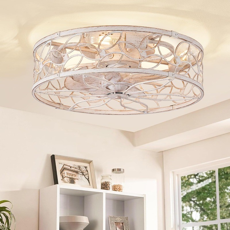 Caged Ceiling Fans with Lights White Flush Mount Ceiling Fan with Remote & App