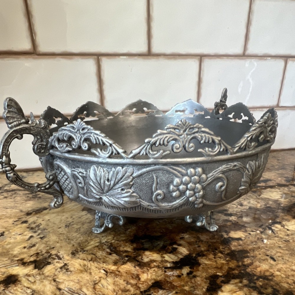 Victorian Silverplate Bowl Grape Leaf Pattern Ornate Handles Decorative Feet