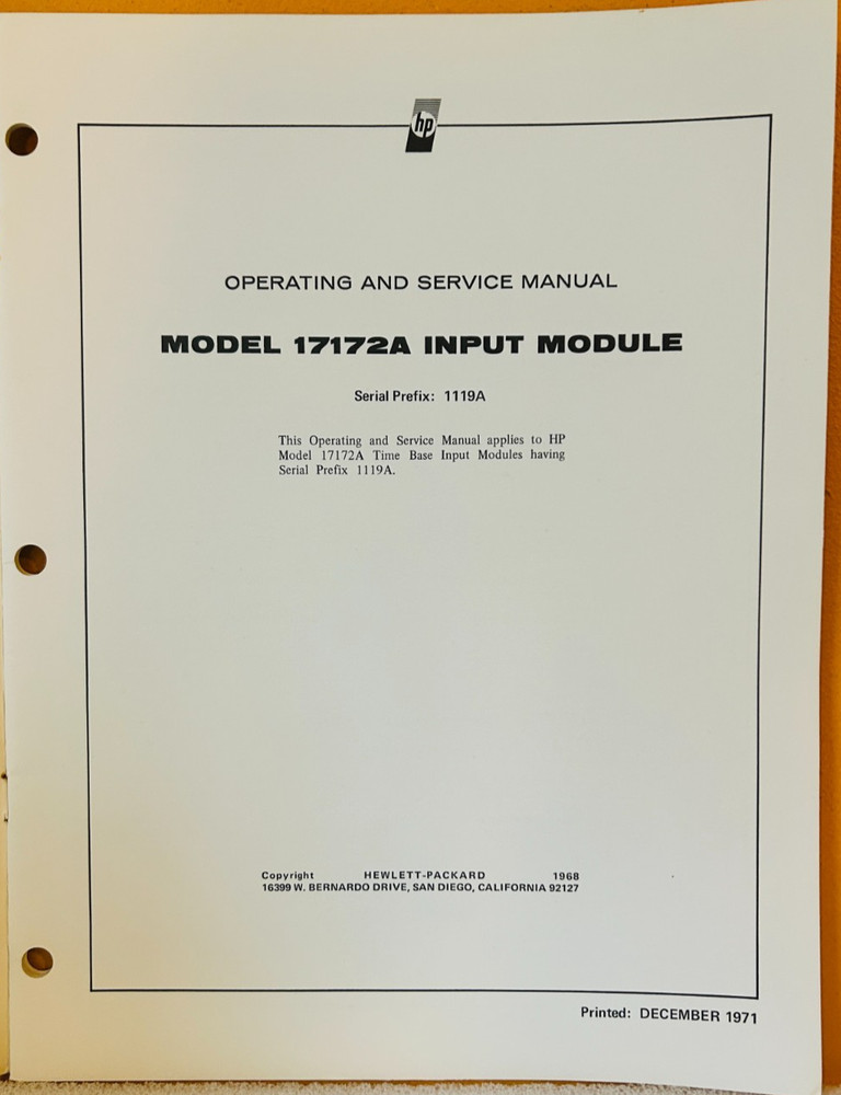 HP 17172-90001 Model 17172A Input Module Operating & Service Manual.