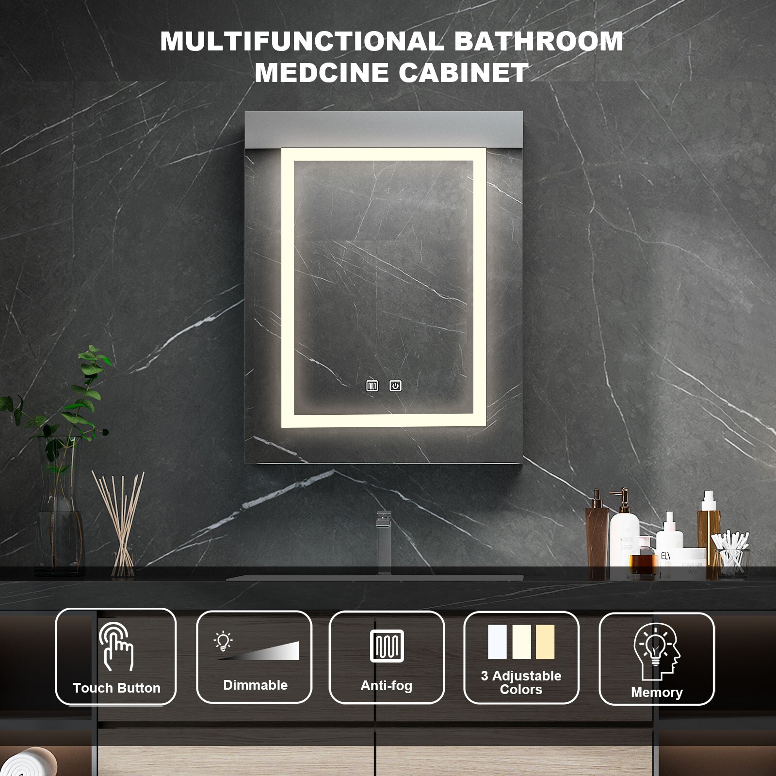 24" x 30" LED Bathroom Medicine Cabinet w/ Lighted Mirror Anti-Fog Touch Sensor