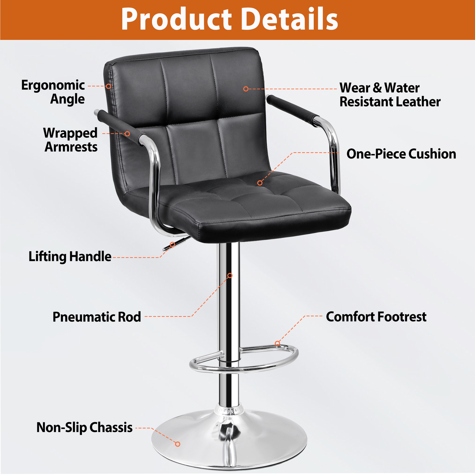 4PCS Adjustable Bar Stools PU Leather Modern Dinning Chair w/ Armrest & Backrest