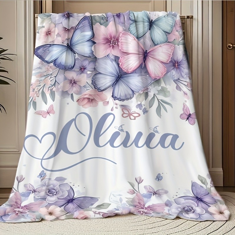 Comfortable Throw Blanket Featuring Personalized Name Floral Butterfly Designs♢