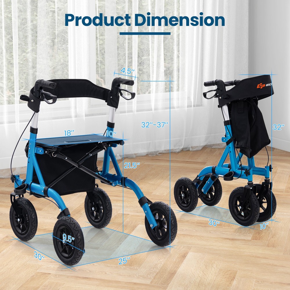 Foldable Height Adjustable Rollator Walker with Seat, Storage Bag for Seniors
