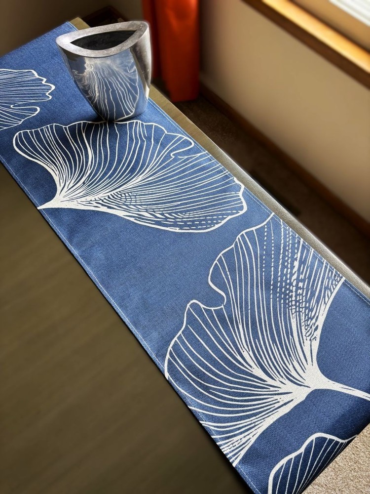 72" Navy Blue Off-White Elegant Modern Botanical Gingko Leaf Linen Table Runner