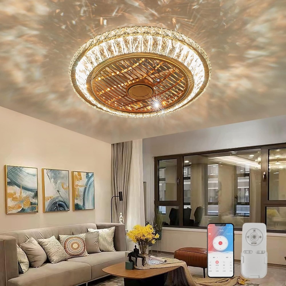 Circulation Crystal Ceiling Fan with Dimmable Light 72W Remote Control Modern