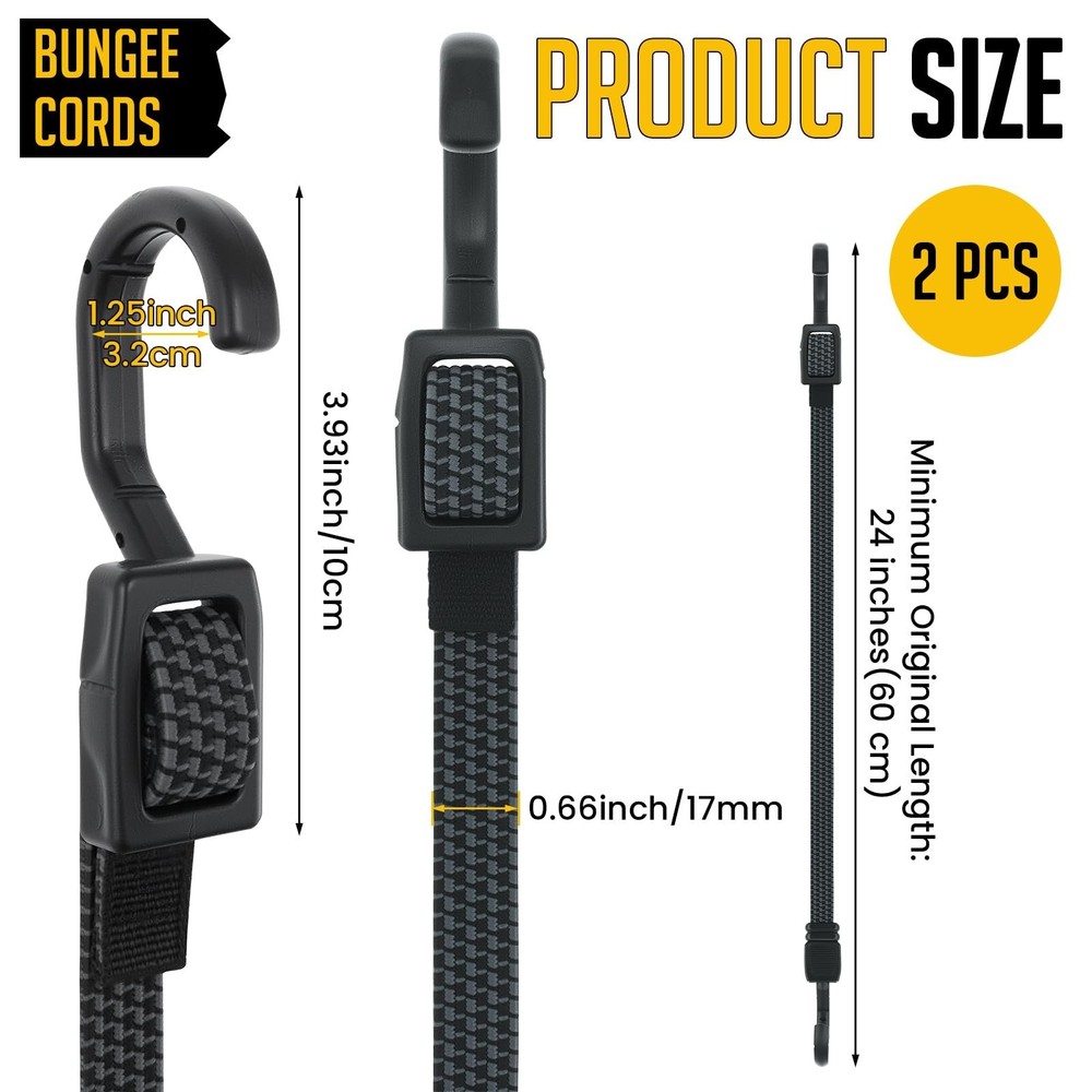 24 Inch Flat Adjustable Bungee Cords with Hooks Heavy Duty Elastic Rope Strap...