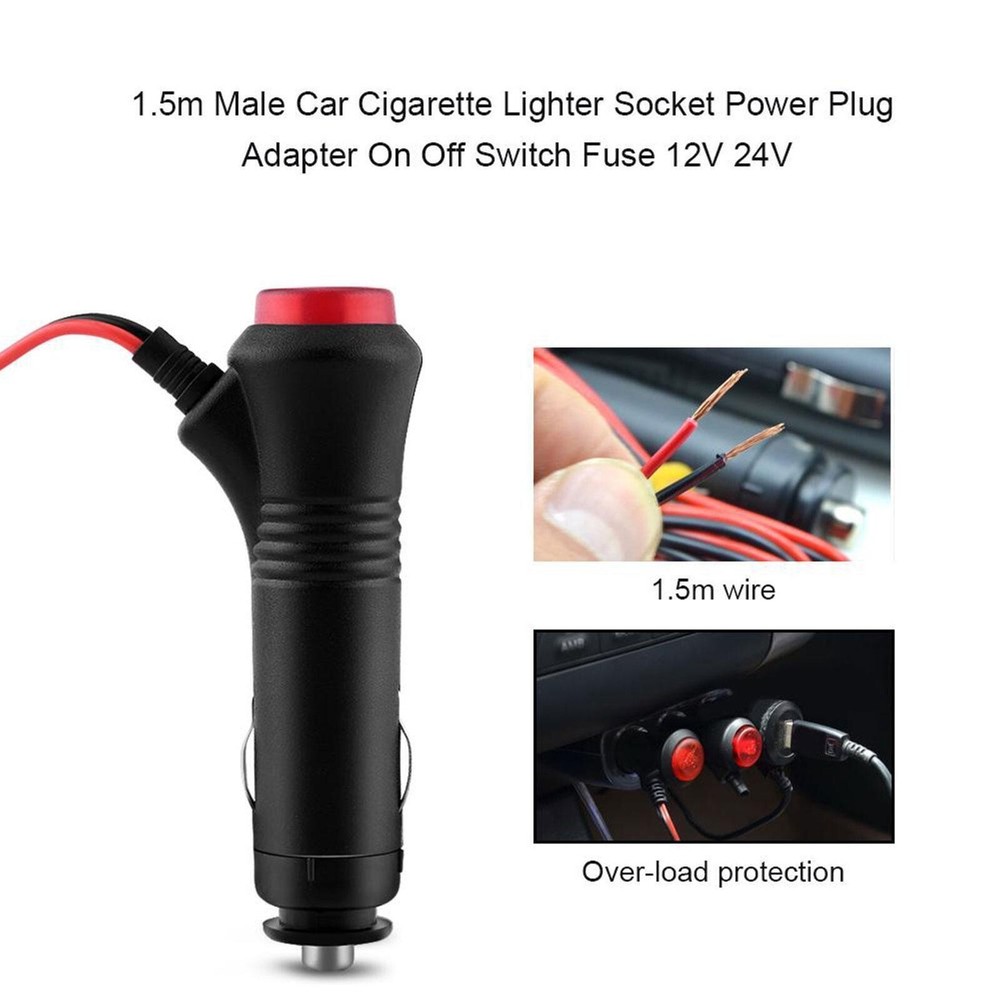 12V-24V 3FT 3A Car Cigarette Lighter Socket Plug Connector Red On/Off Switch