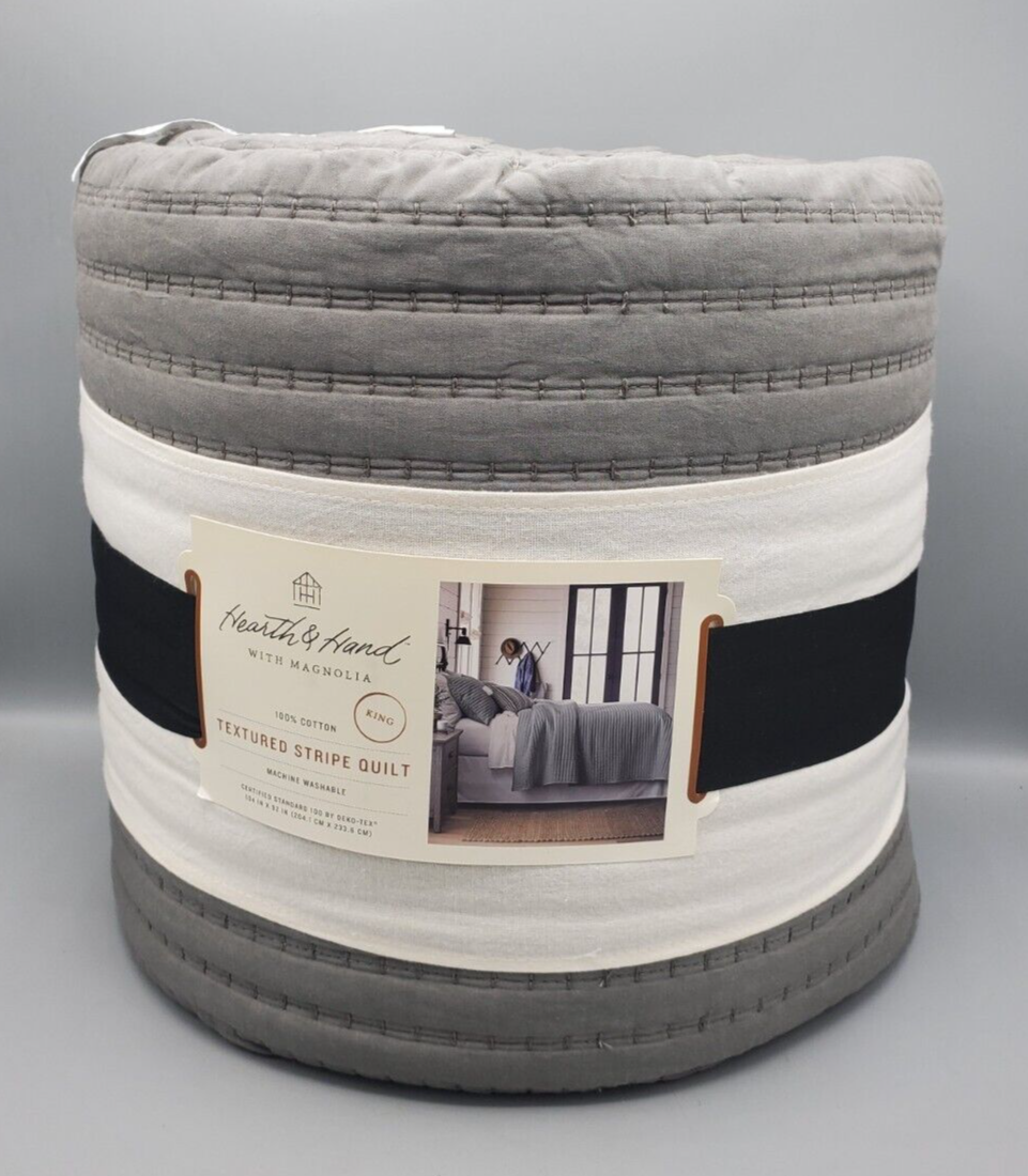 Hearth & Hand Magnolia KING Texture Stripe Quilt Radiant Gray Comforter NEW