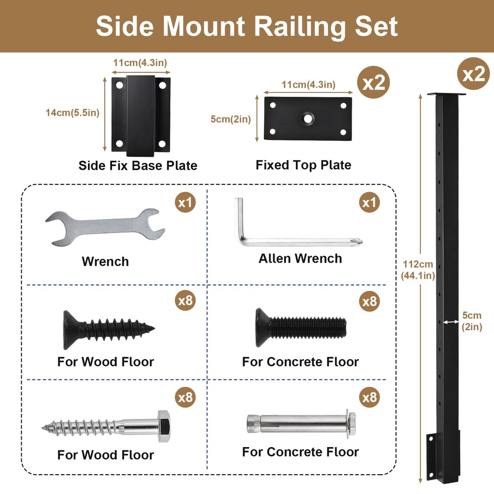 4 Pack Side Mount Stair Cable Railing Post 44"x2"x2" Level Drilled Post Black