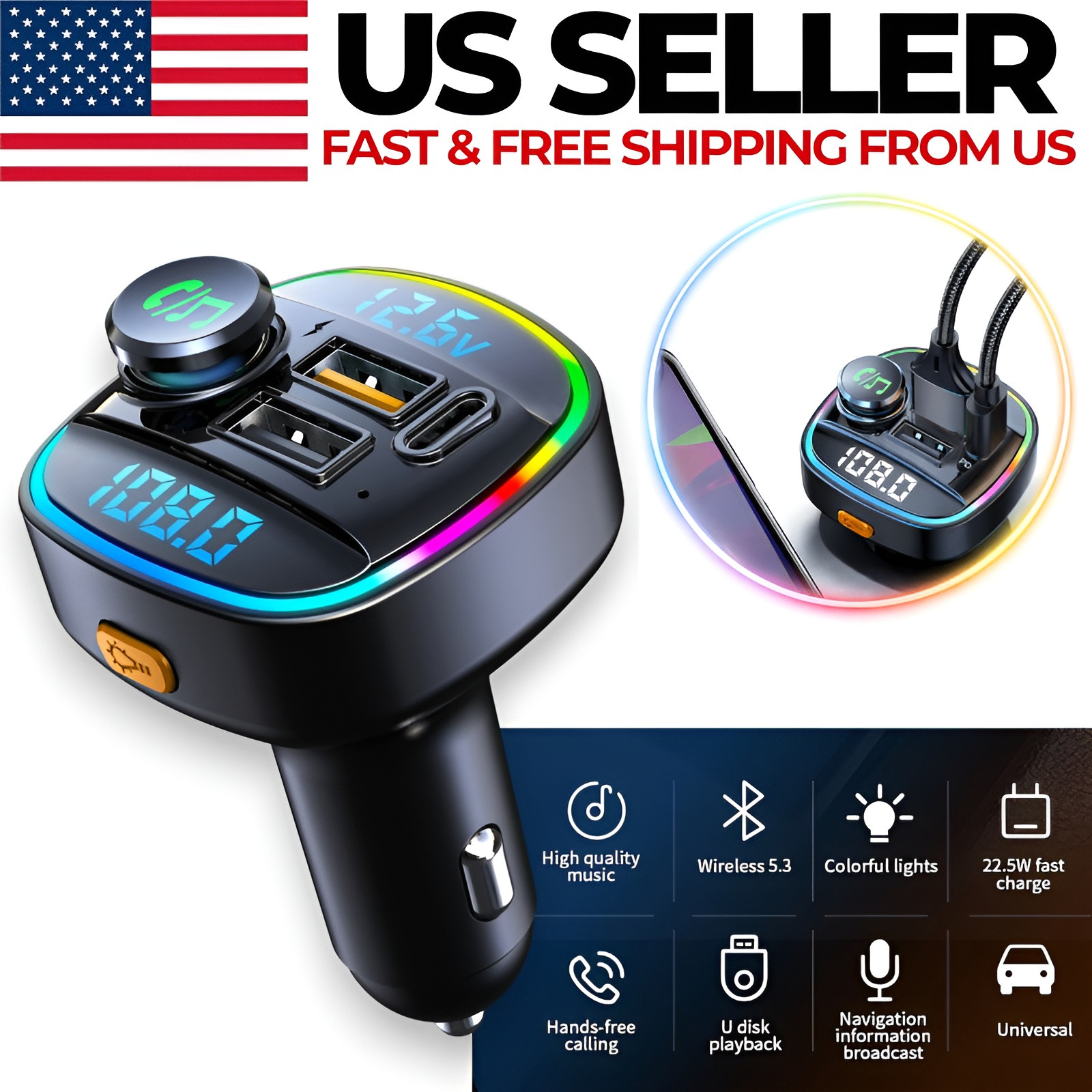 Bluetooth 5.0 Car FM Transmitter Adapter, Hands-Free, USB Charger, AUX Audio