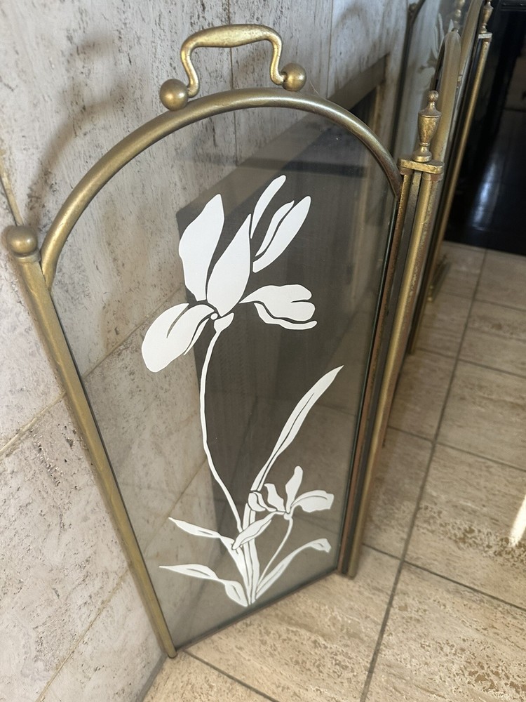 Vintage Glass Fireplace Screen And Tools