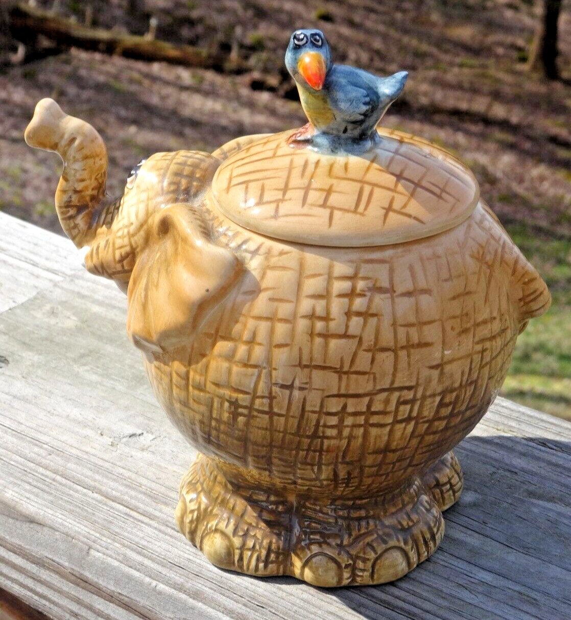 Ceramic 6" x 5.5" Lucky Trunk Up Elephant Jar w/ Bird on Lid by Home and Garden