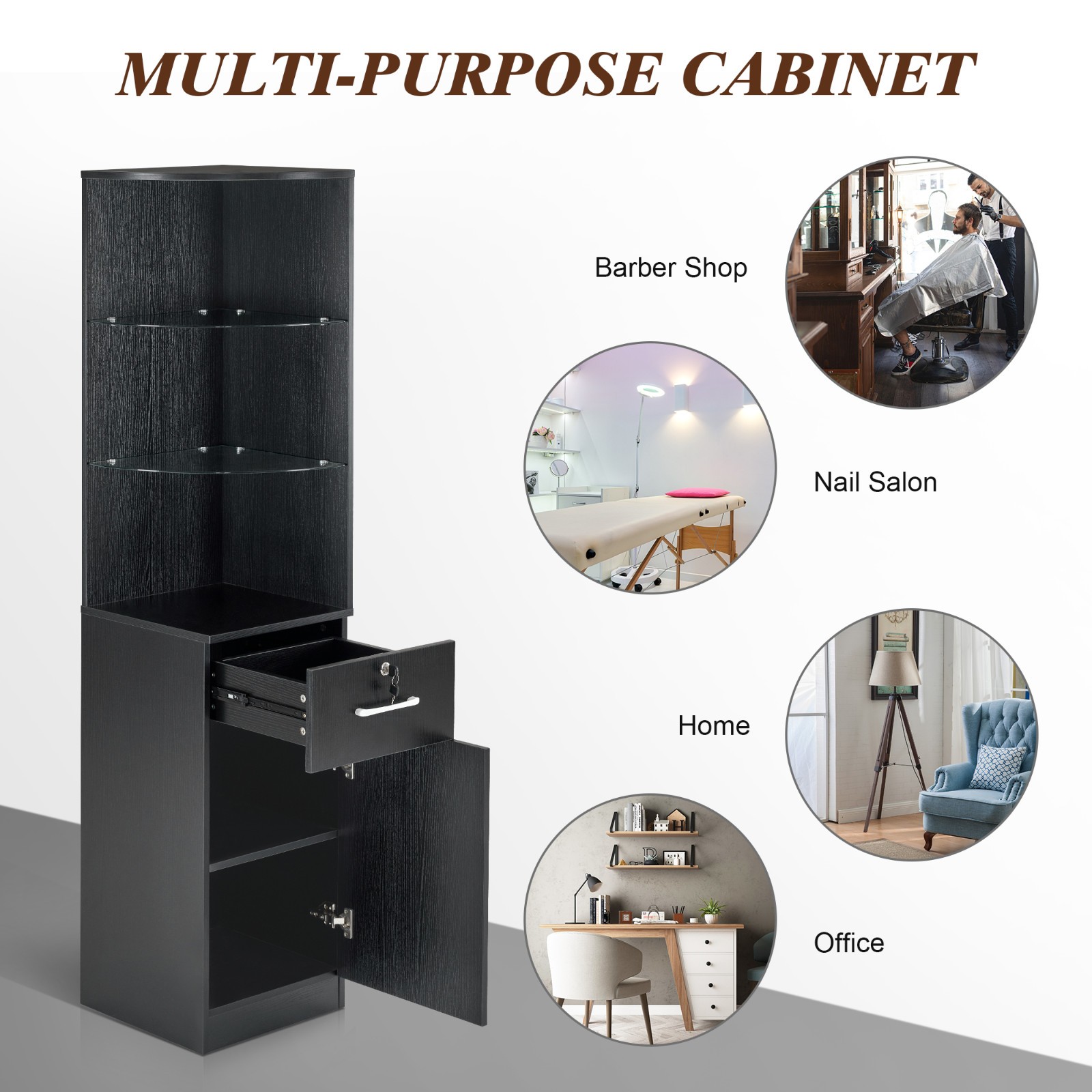 Corner Storage Cabinet with Door and Glass Shelves for Home Office Beauty Salon