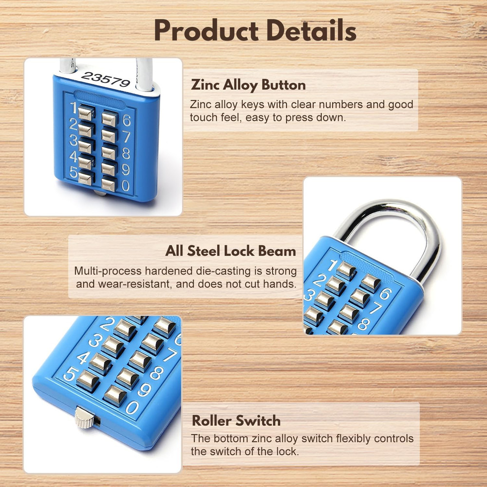 1Pcs 10-Digit Combination Padlock Push Button Lock for Locker Gym, Case, Drawer,