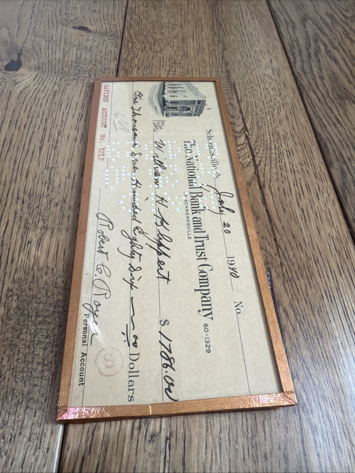 Vintage Framed 1940 National Bank & Trust Schwenksville Personal Check