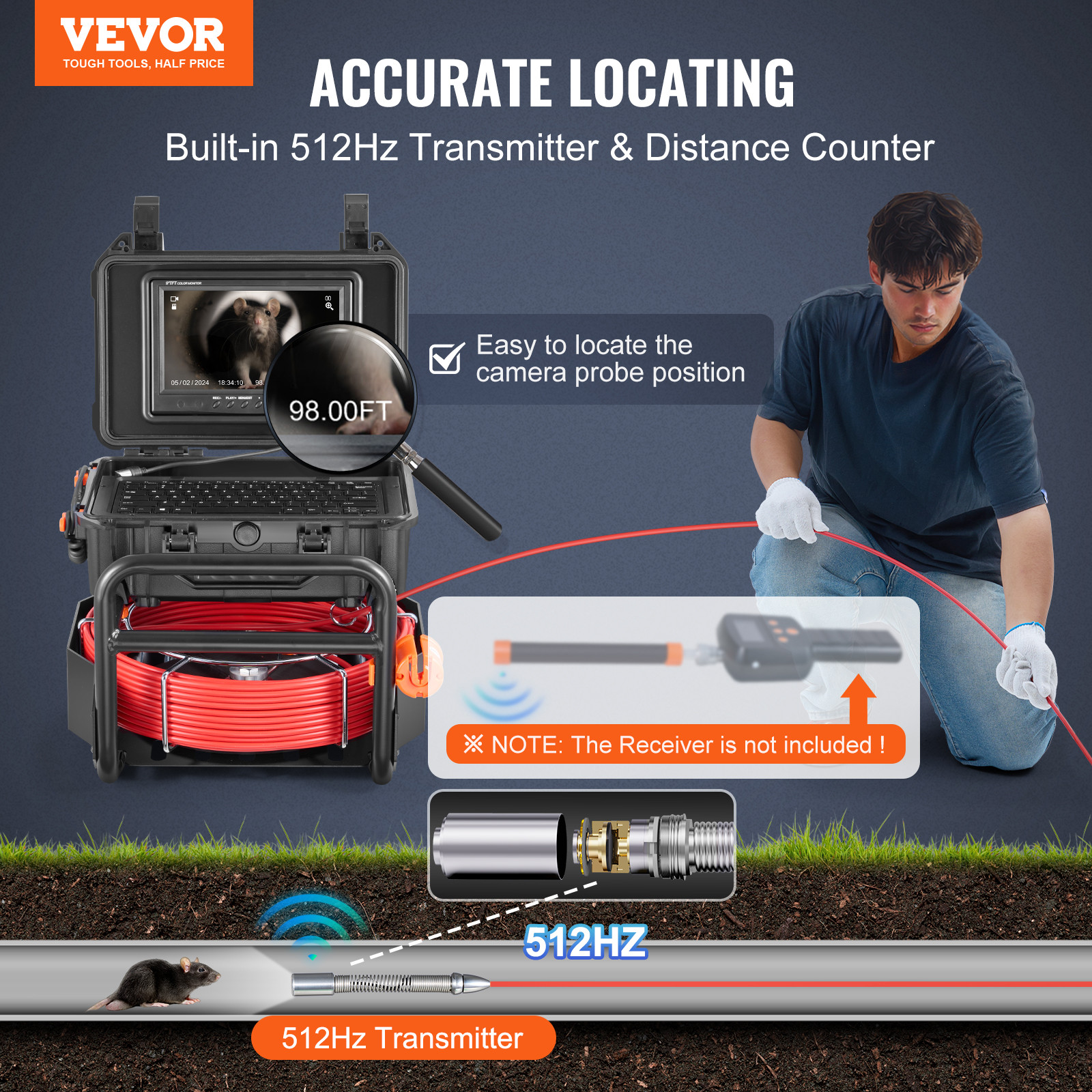 9" Sewer Camera 98 ft/30m Self-Leveling Drain Camera with 512Hz Transmitter