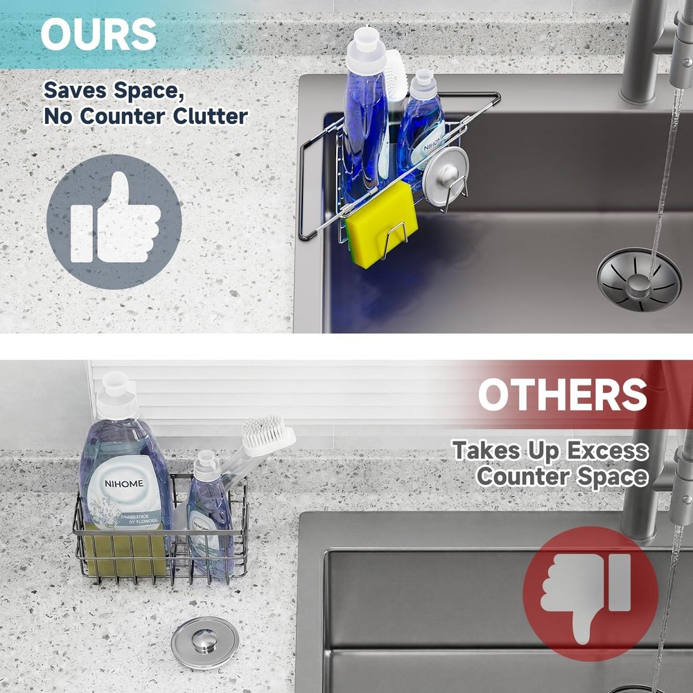 NiHome Extendable Arm Stainless Steel Kitchen Sink Corner Caddy, Easy Install...