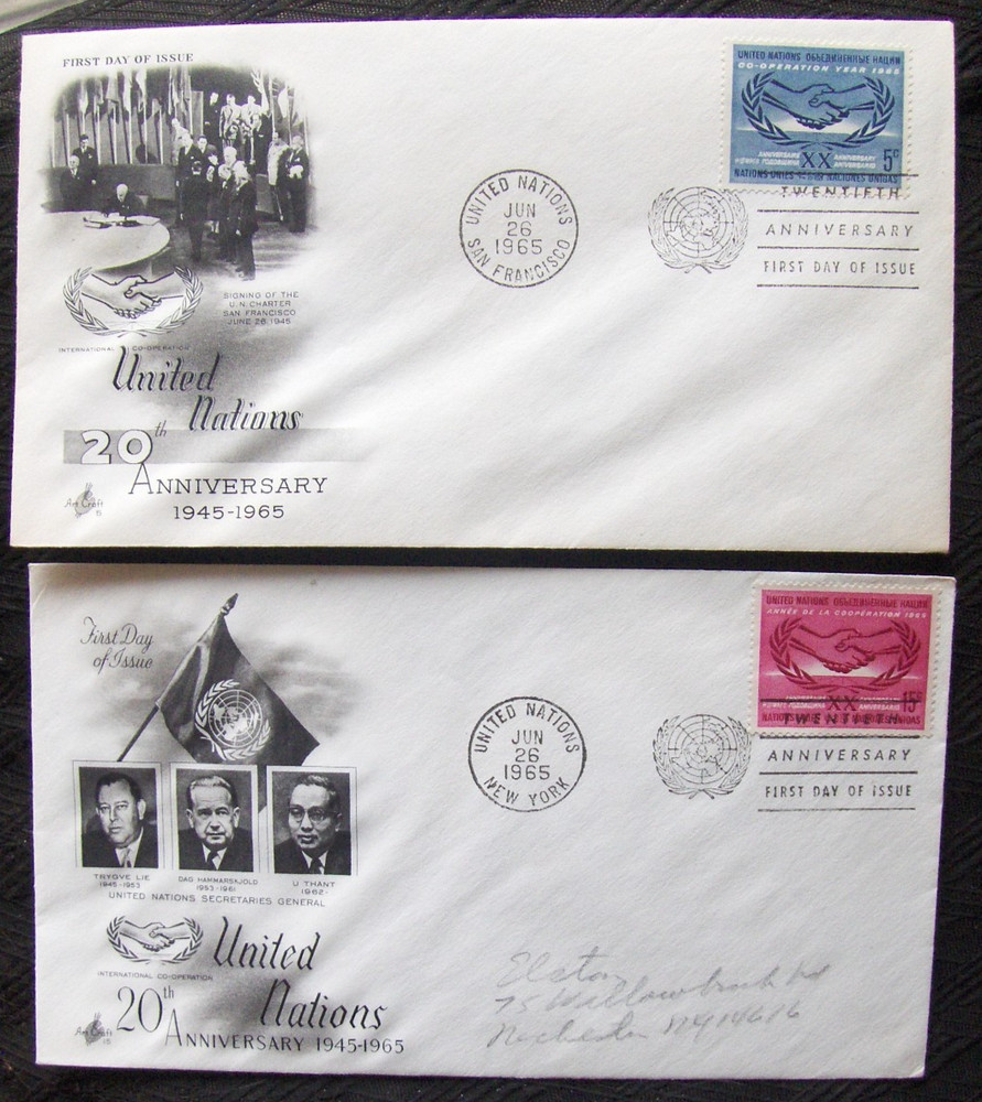 UN 2 differ. FDC covers  5¢ stamp, NY 5/1962 Art Master.