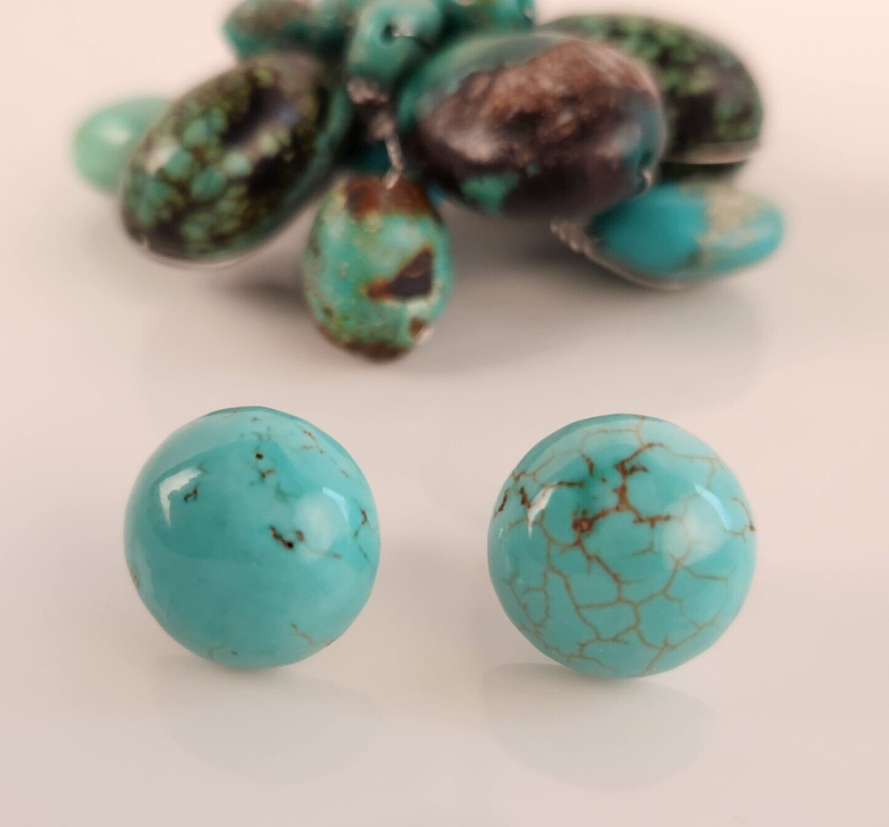 Real Solid 925 Sterling Sliver Blue Turquoise Round 14mm Stud Earrings