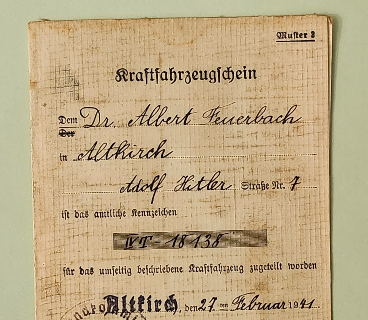 WW2 Germany.  Kraftfahrzeugschein 1941