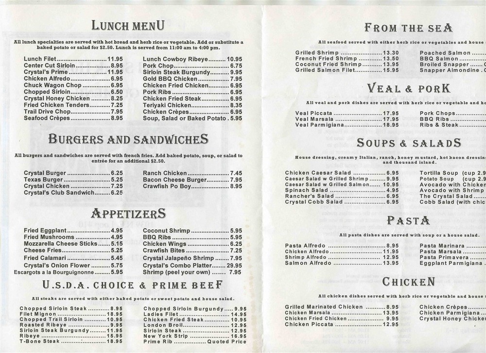 Crystal Steak House Menu NE Loop 410 San Antonio Texas 2000