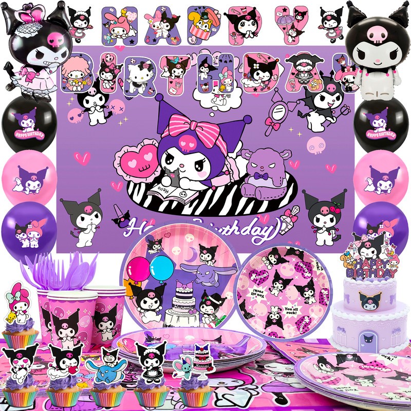 114 Pcs Kuromi Party Decorations Sanrio Birthday Party Plates Balloons Backdrop