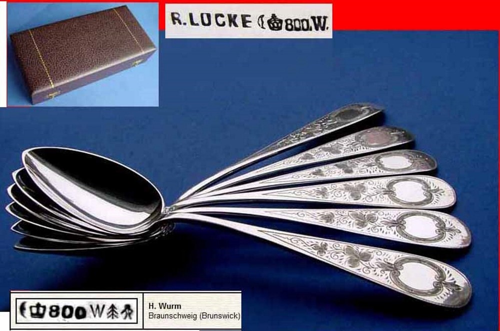 Set, Large Solid 6 Spoons, H. Wurm, 800 Silver, around 1900 B547