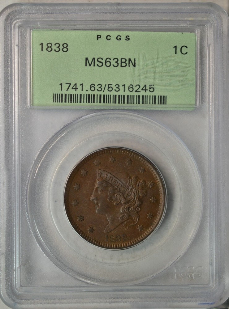 1838 Coronet Head large cent, PCGS MS63BN,  OGH