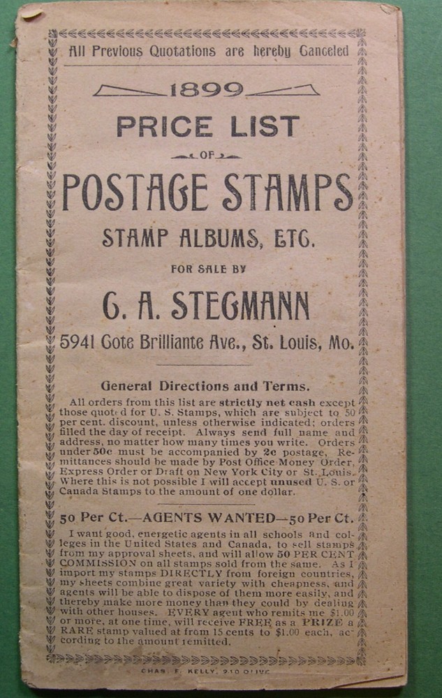 1899 STEGMANN Stamp/album price list.  ($5 columbian for $5.50 !)
