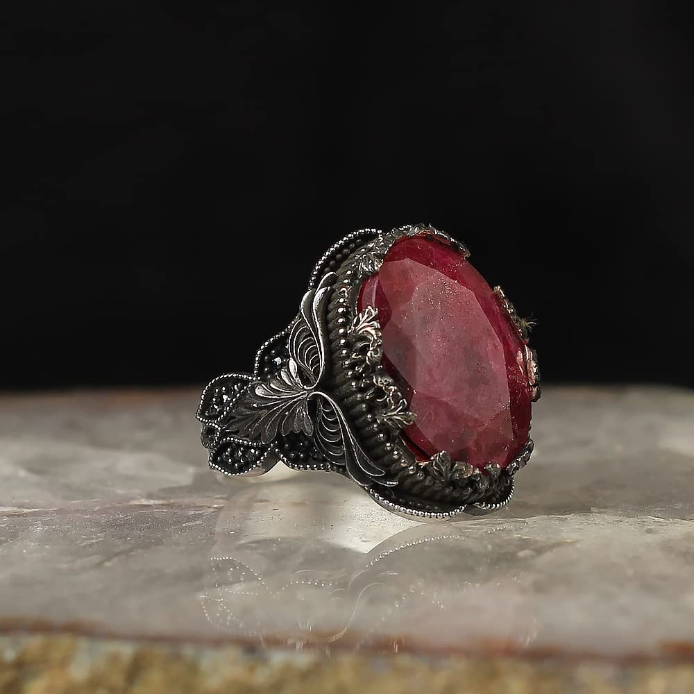 Ruby Stone Men Silver Ring, 925 Sterling Silver Ruby Gemstone Ring, Handmade
