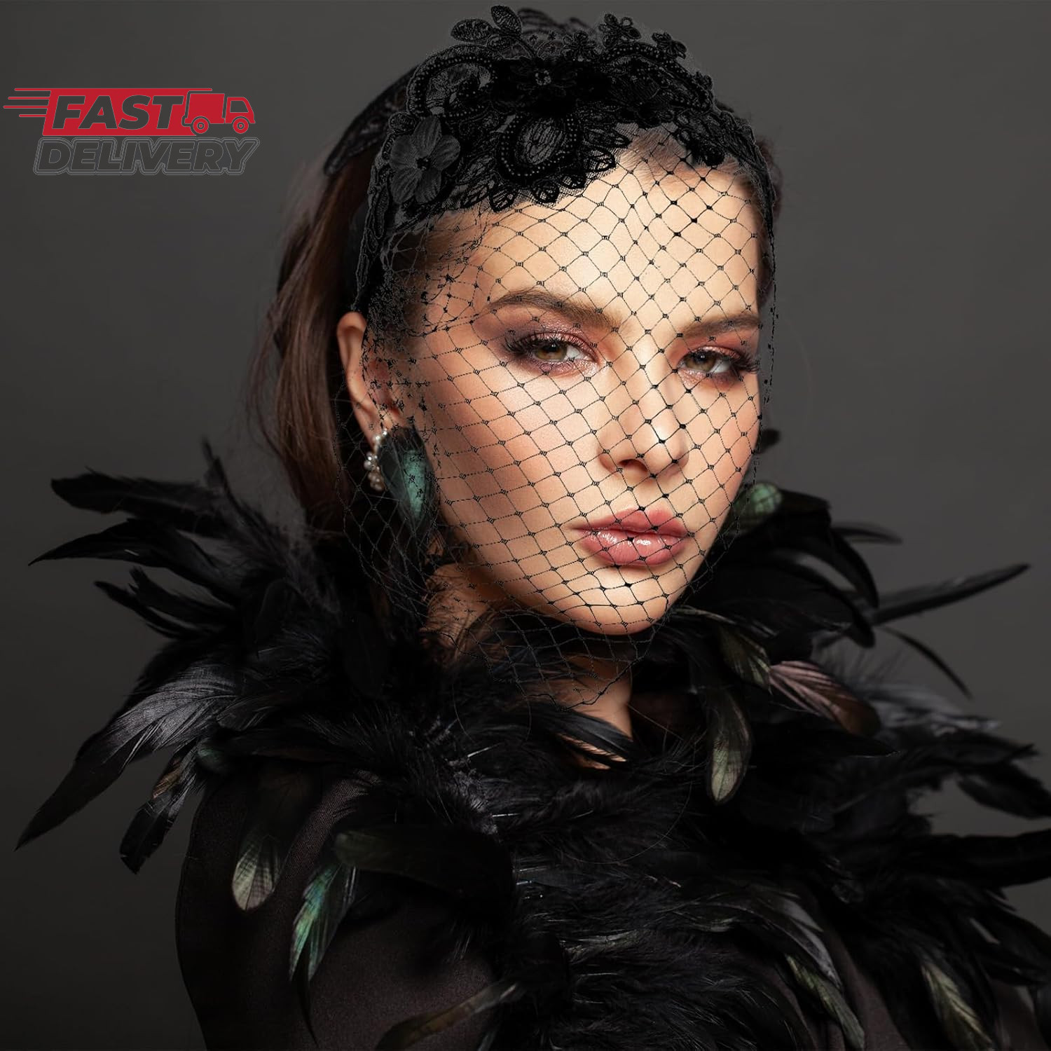 Giantree Black Veils for Women, Black Veil Mesh Veil Headband, Wedding Veil 1920