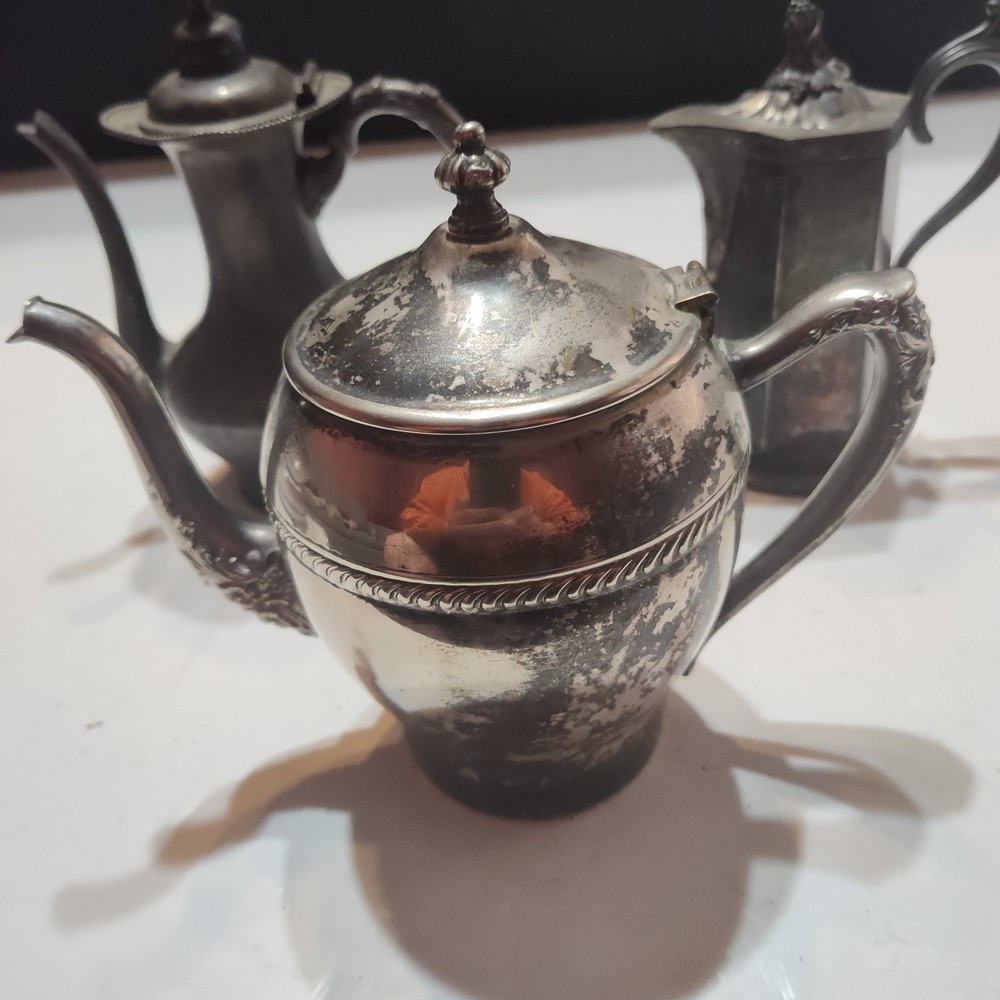 3 Vintage Silver Over Copper Hinged Lid Tea Pots
