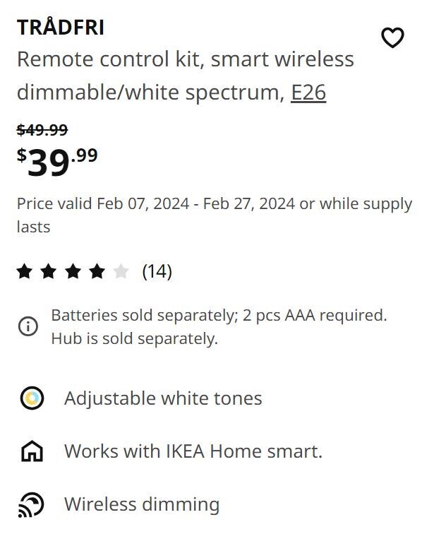 Ikea TRÅDFRI Remote & Bulb Kit, Wireless Dimmable/White Spectrum E26 1100 Lumen