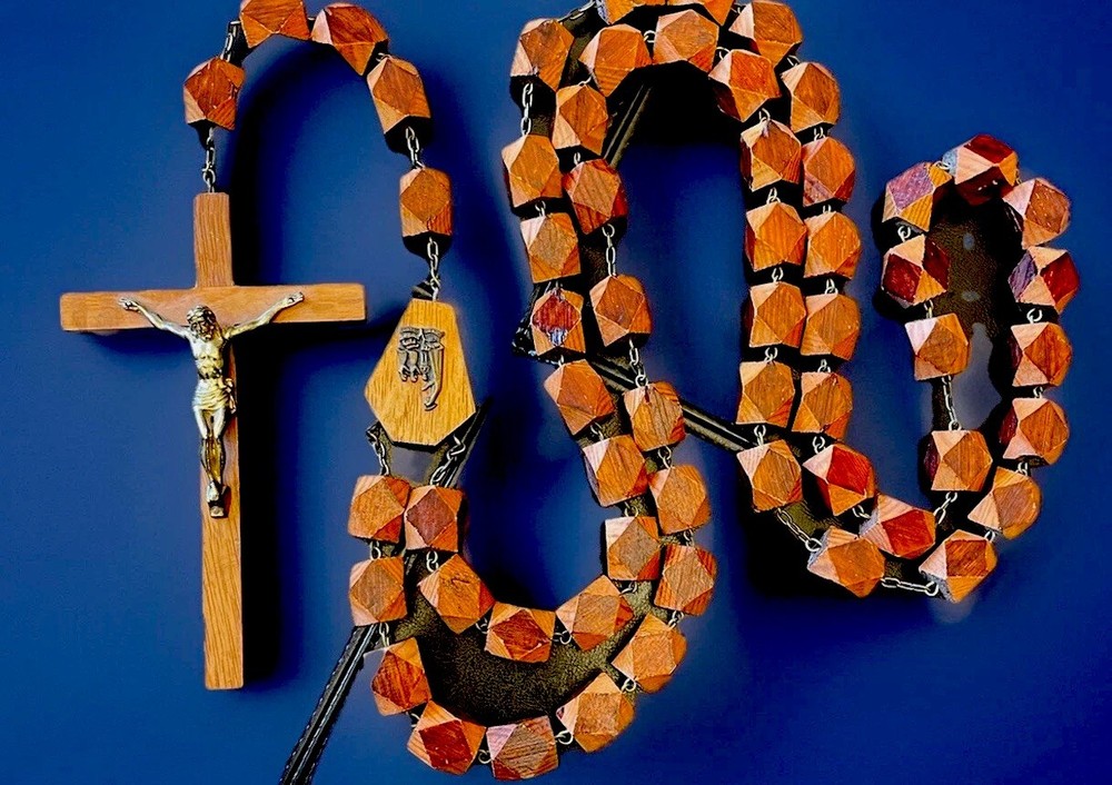Vintage Catholic Geometric Wood 60” Wall Rosary, Wood & Gold Tone Crucifix